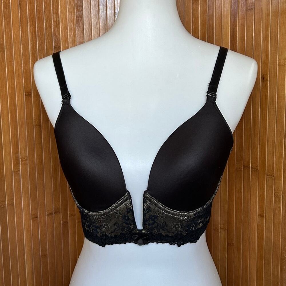 Va Bien Black Gold Lace Plunge Convertible Longline Bra 34C